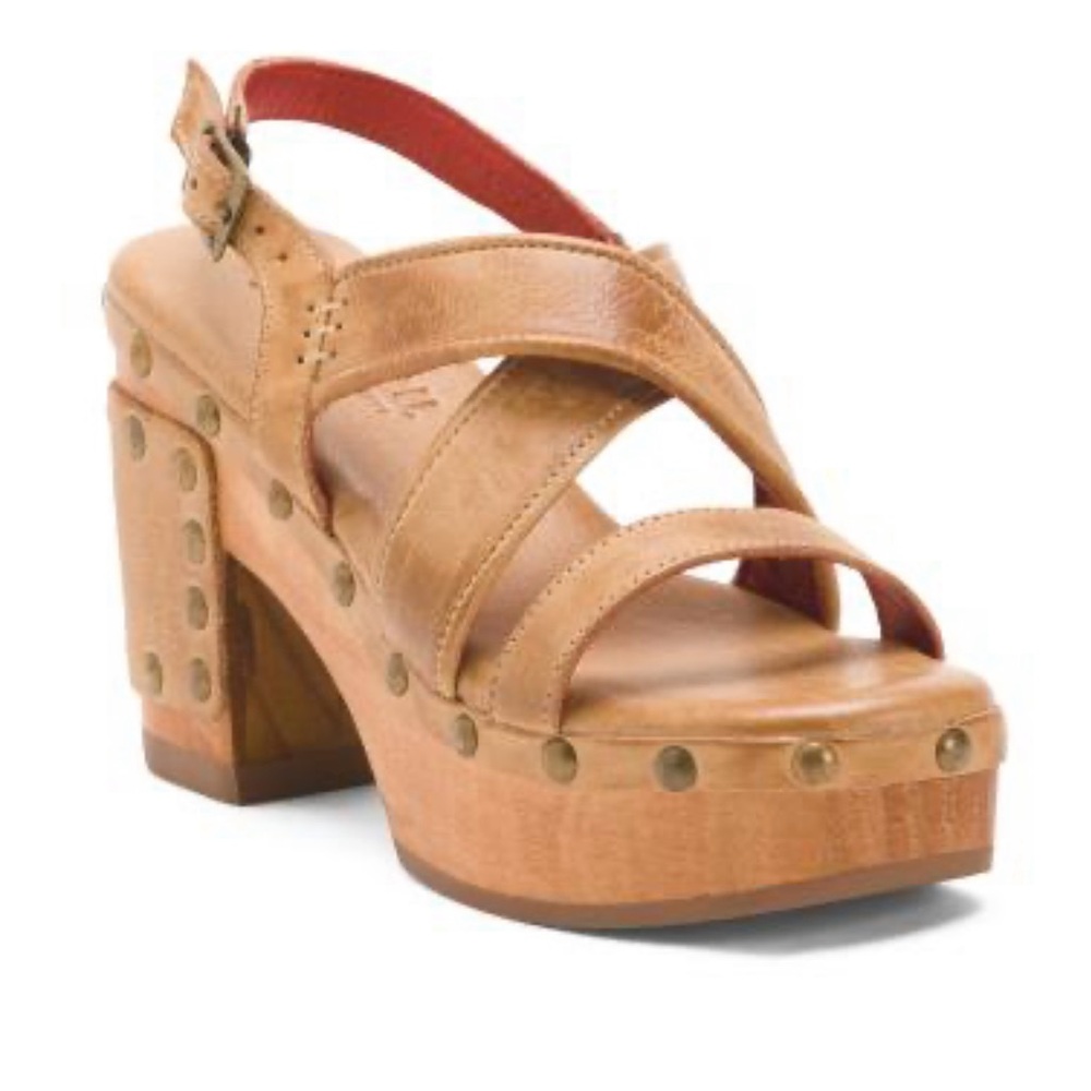Bed/Stu Tan Leather Platform Sandal Strappy Block Heel NWT